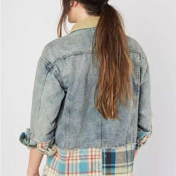 FREE PEOPLE women’s Distressed Sirius Denim Jean Plaid Contrast Shirt Jacket - Picture 10 of 15